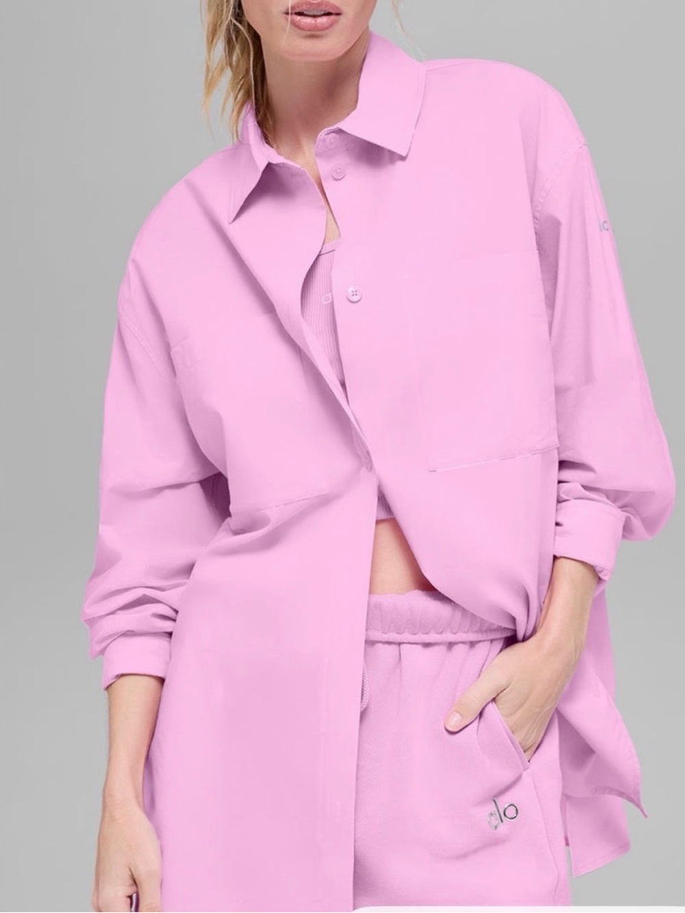 ALO yoga Real Deal 100% Cotton Button down Long Sleeve in Cotton Heart Pink